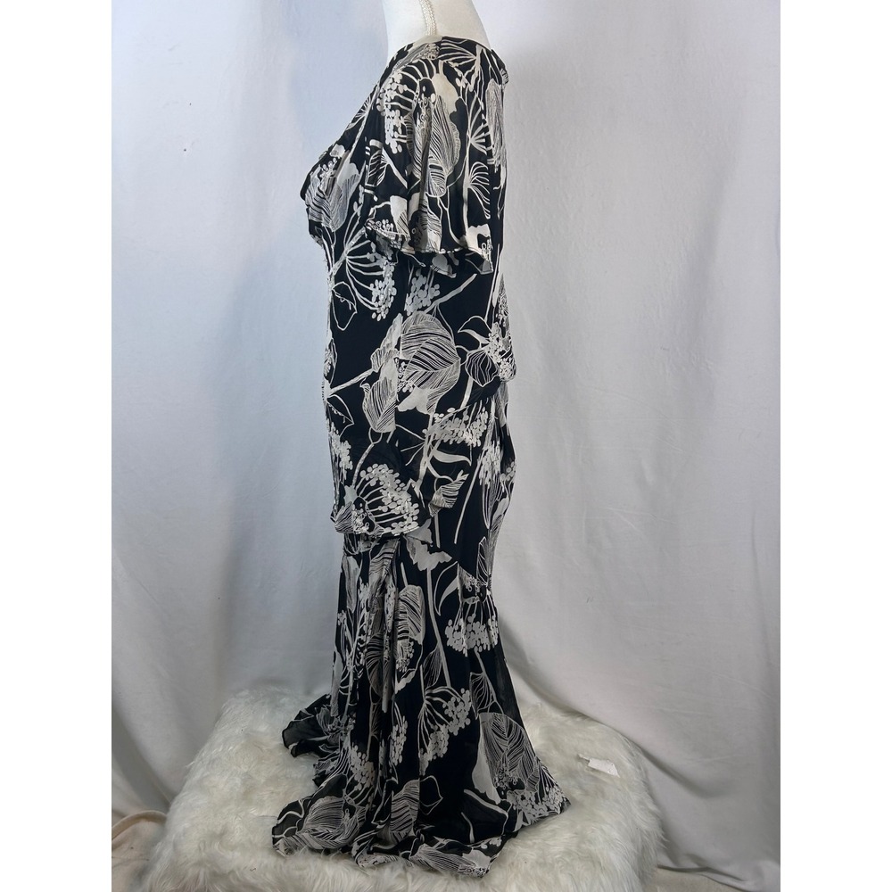 Rouge 2 Piece Gown Women Size L Black White Floral Excellent Sequin Maxi Ruffle - Picture 7 of 11